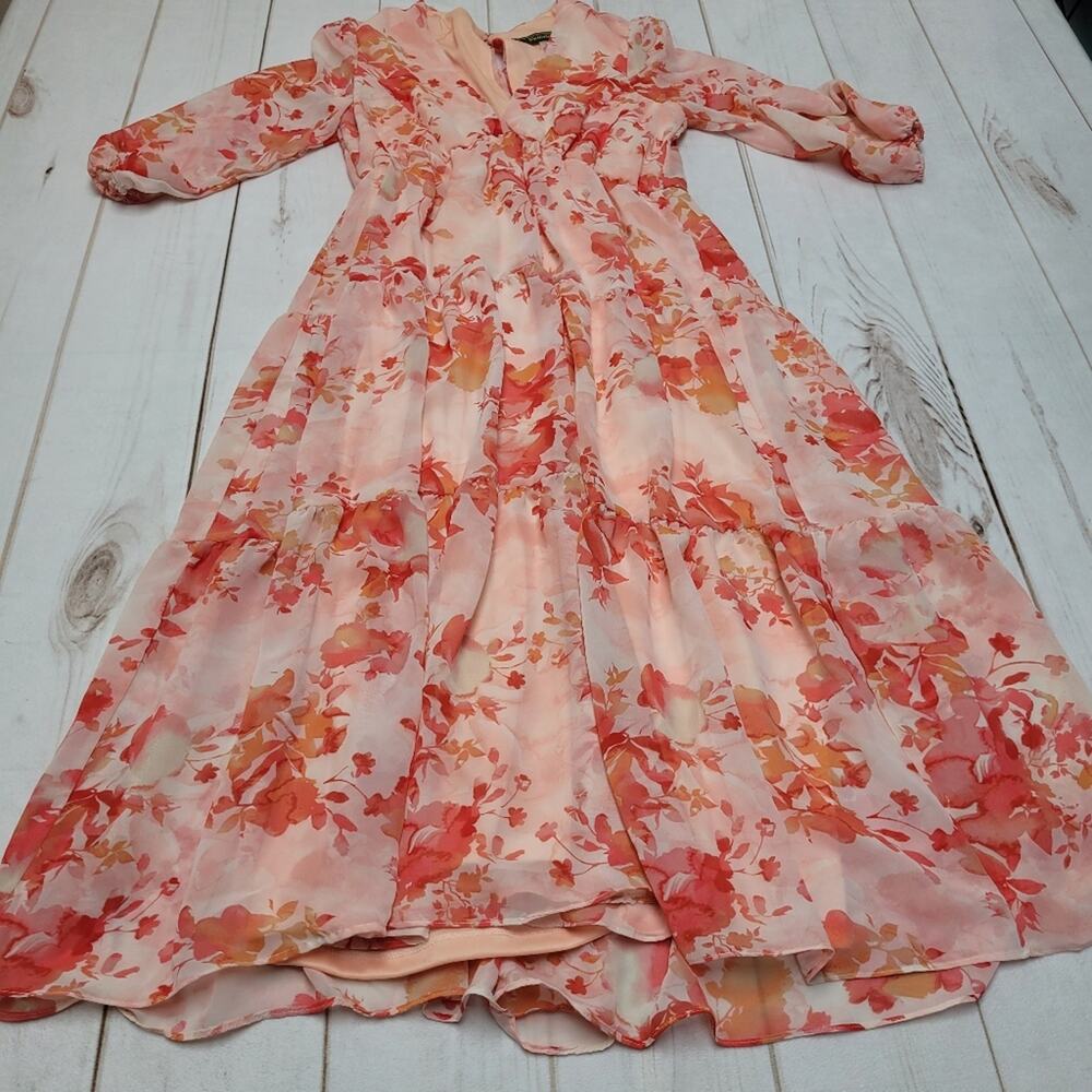 Melonie V neck floral tiered midi dress flowy romantic wedding spring peach